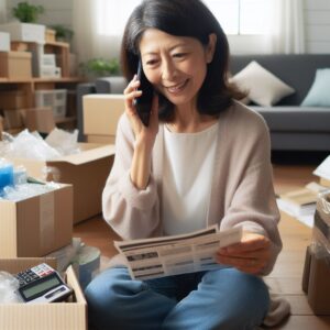 チラシを見て電話をする女性