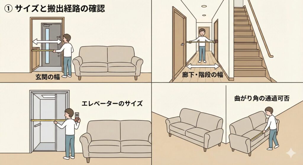 ソファ搬出前に玄関・廊下・階段・エレベーターの幅を計測して搬出経路を確認する手順を解説したイラスト