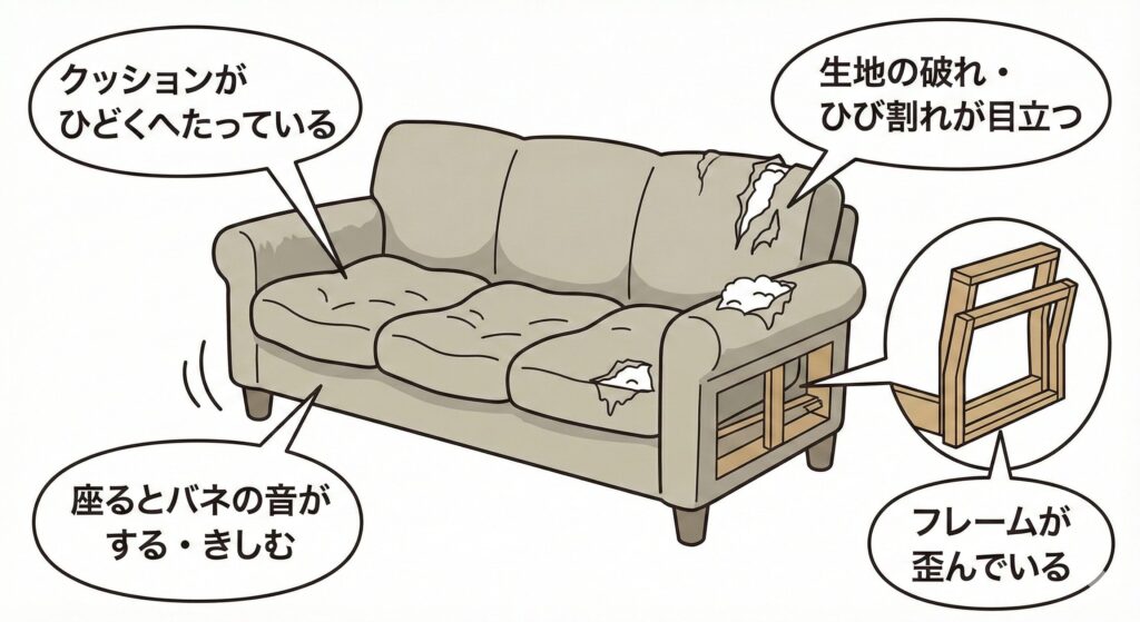 クッションのへたりや生地の破れ、フレームの歪みなどソファーの寿命サインを解説したイラスト｜買い替えや処分の判断ポイントを紹介
